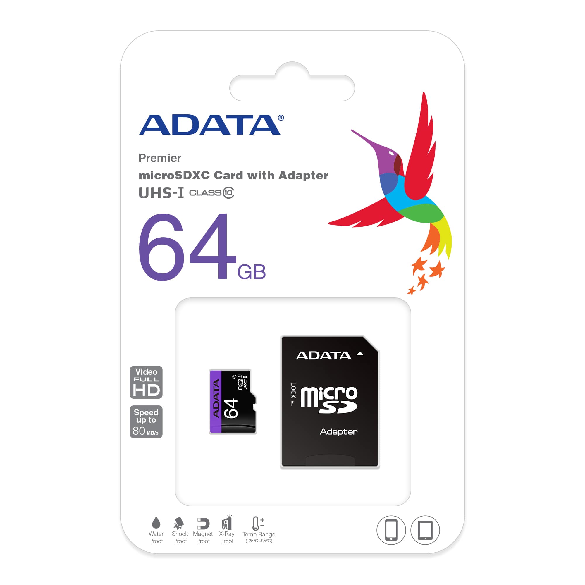 Adata 64GB Micro SD Class 10 SDXC UHX I Memory Card With Adapter 