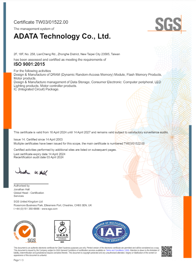 ISO 9001 Certificate:ADATA Group