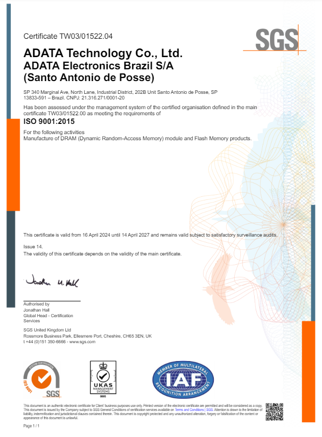 ISO 9001 Certificate:ADATA Brazil (202B)