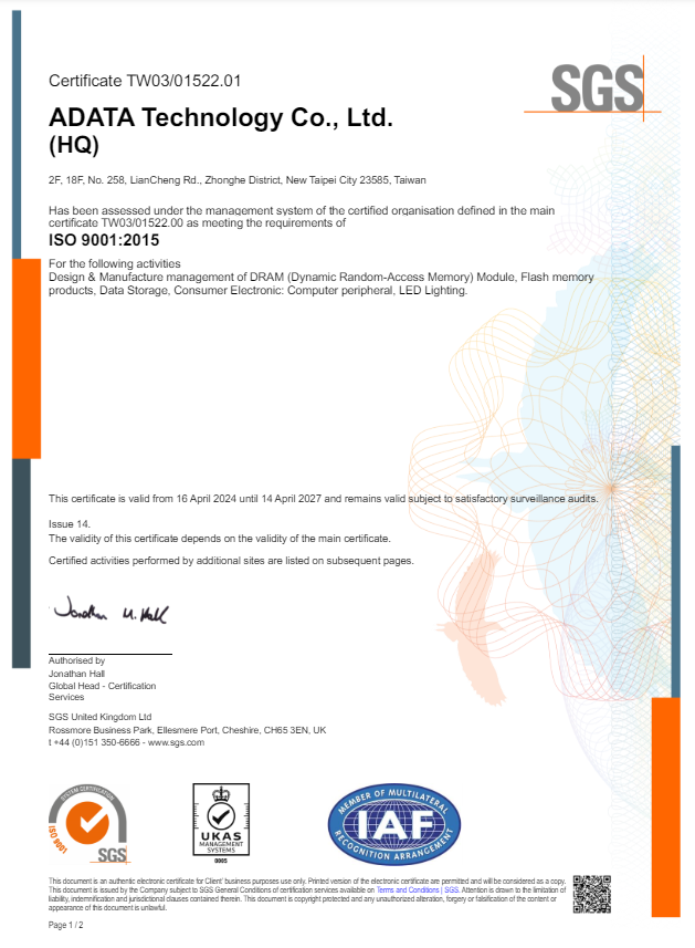 ISO 9001 Certificate:ADATA Taiwan