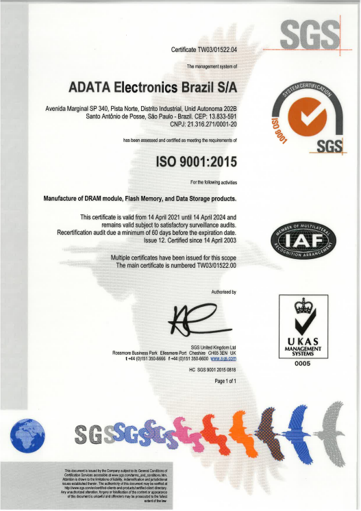 ISO 9001 Certificate:ADATA Brazil