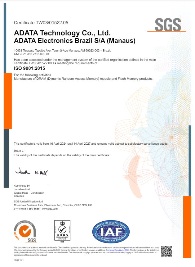 ISO 9001 Certificate:ADATA Brazil (Manaus)