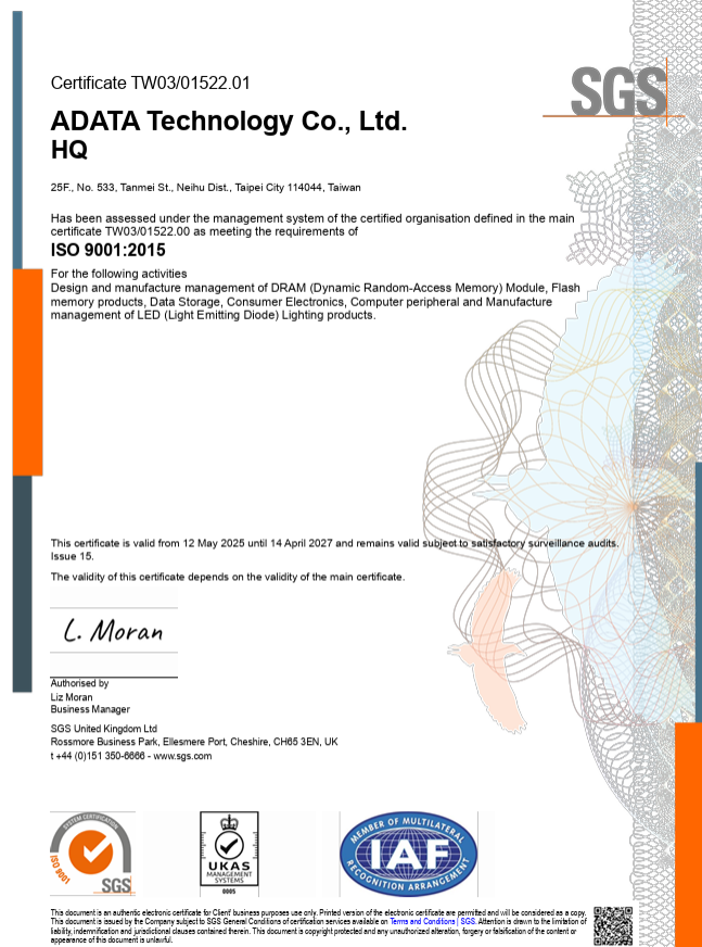 ISO 9001 Certificate:ADATA Taiwan