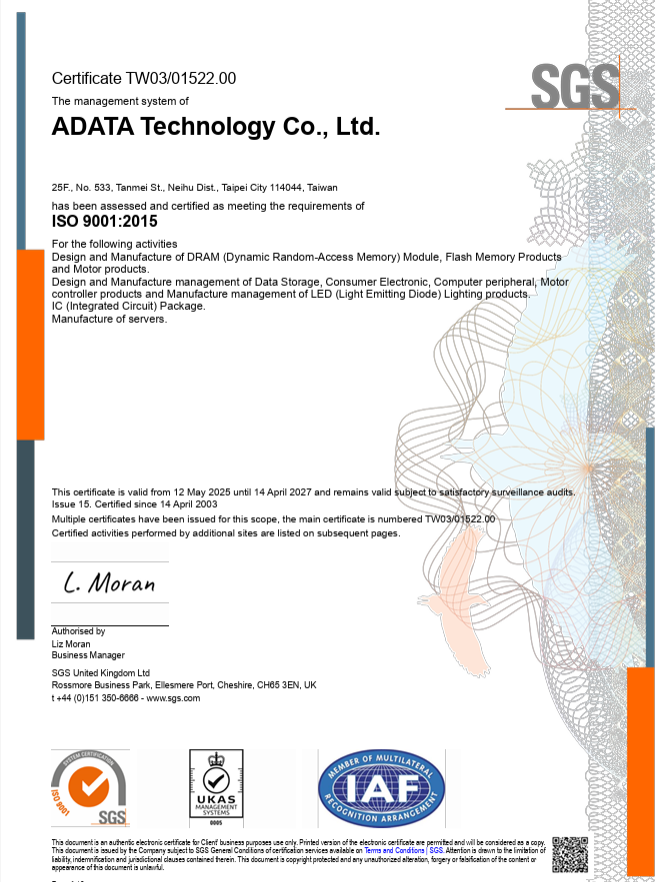 ISO 9001 Certificate:ADATA Group